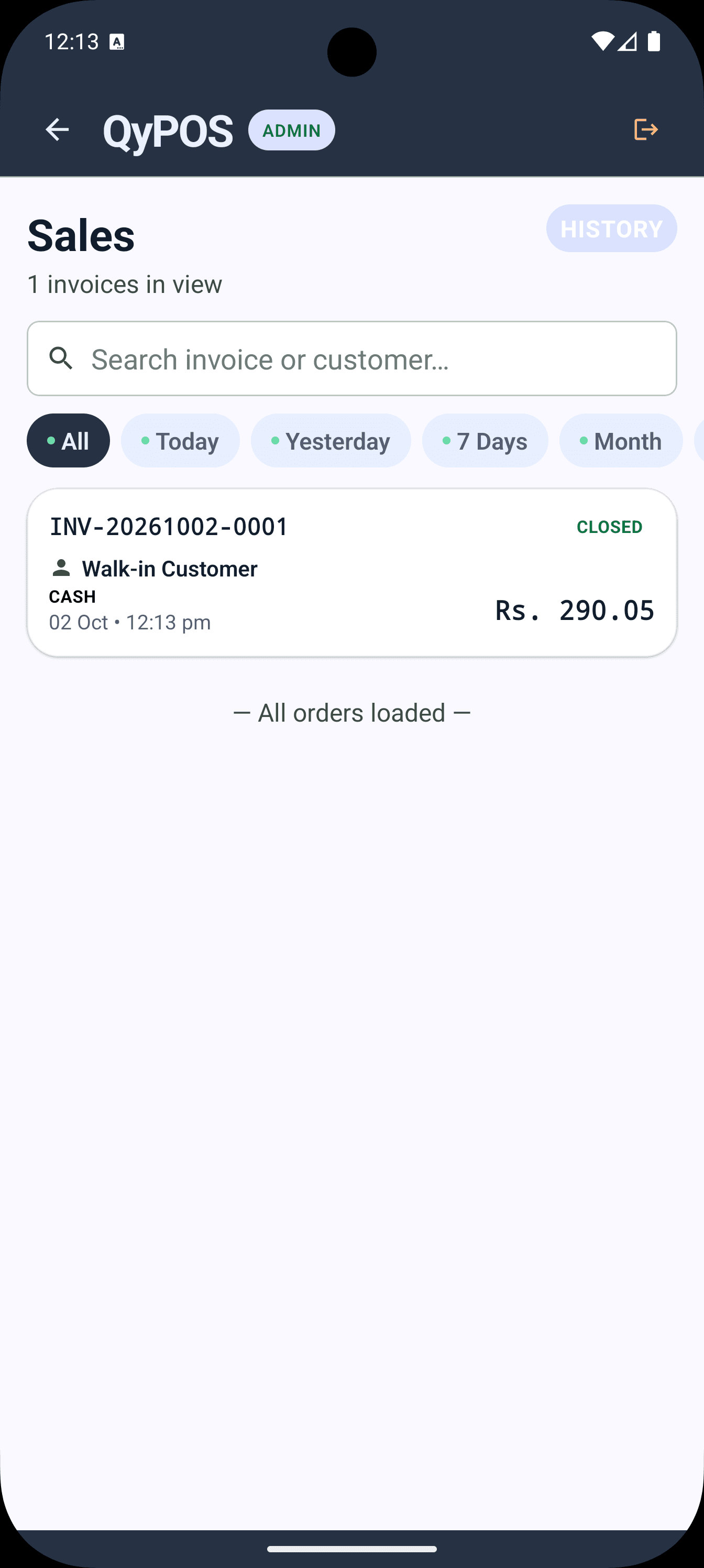 QyPOS Mobile order history filtered by date